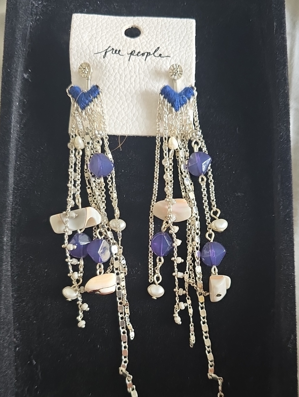 Free People Silver Chain Earrings/ Blue Beads and Cream Shells  5 Inches Long